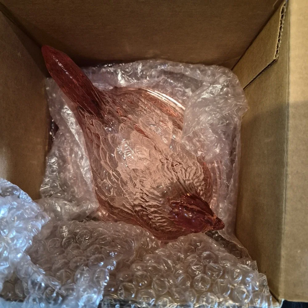 Longaberger Pink Glass Hen On Nest Covered Dish Basket Candy Box w/ Original Box